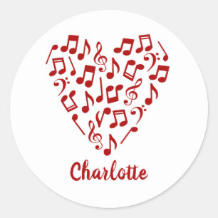 Sticker Rond Amour Musique Cœur de Musique Rouge Notes avec Nom