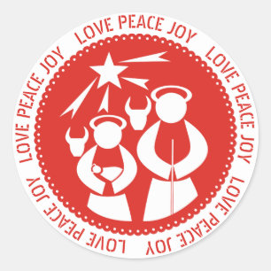 Sticker Rond Amour, Paix, Joie Nativité Scène rouge Noël