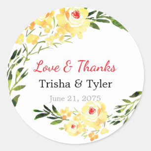 Sticker Rond Amour & Remerciements, Noms & Date Fleurs Jaunes M