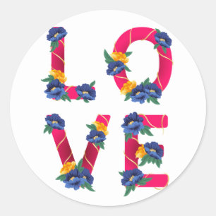 Sticker Rond Amour Rose Floral Avec Fleurs Bleues & Jaunes