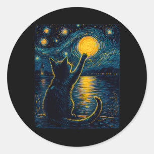 Sticker Rond Amoureux de chats noirs Nuit étoilée Vincent Van G