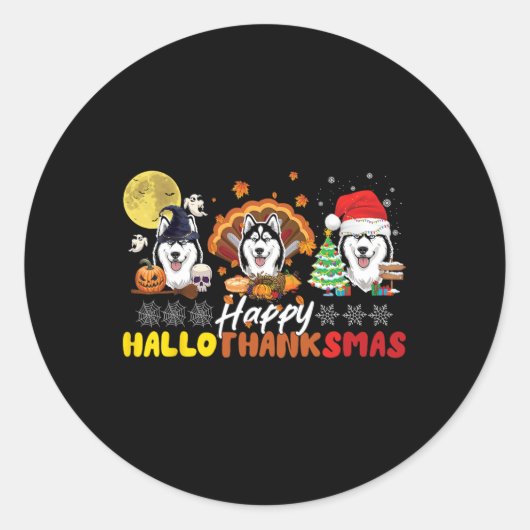 Sticker Rond Amoureux des chiens Husky Happy HalloThanksmas Hap (Devant)