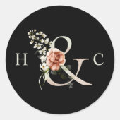Sticker Rond Ampersand floral élégant mariage Monogramme noir (Devant)