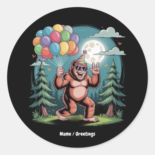 Sticker Rond Amusant Bigfoot fête d'anniversaire Bash Balloons (Devant)