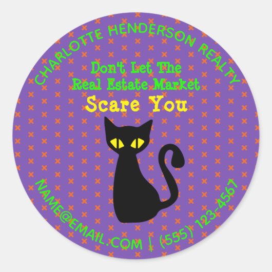 Sticker Rond Amusant Chat Noir Immobilier Halloween (Devant)
