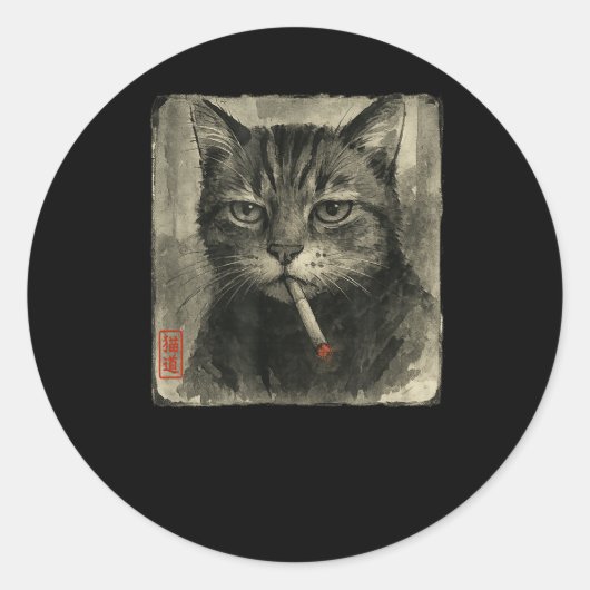 Sticker Rond Amusant Chat triste Fumer Cigarette Mème Lover Sum (Devant)