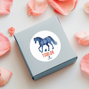 Sticker Rond Amusant Cheval Poney Western Aquarelle Bleu Rouge