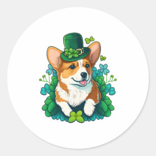 Sticker Rond Amusant Corgi Shamrock Jour de la Saint Patrick he