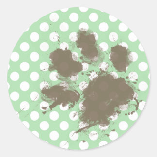 Sticker Rond Amusant Empreinte de patte sur Celadon Green Pois