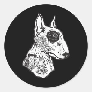 Sticker Rond Amusant Enked Bull Terrier Old School Tattoo Chien