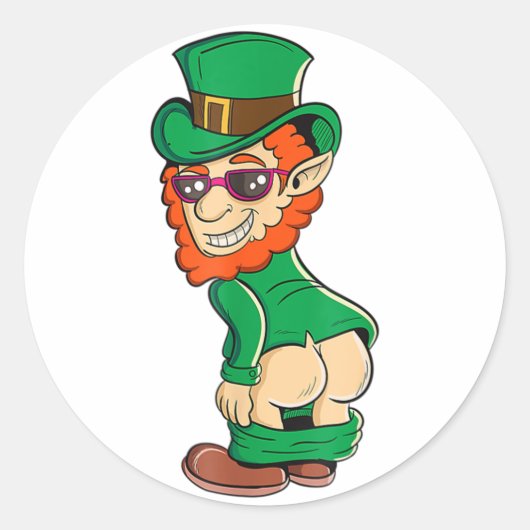 Sticker Rond Amusant Mooning Leprechaun Butt St Patrick's Day I (Devant)