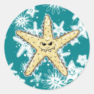 Sticker Rond Amusant poisson étoilé jaune avec sourire