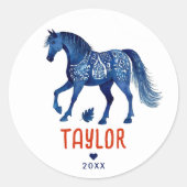 Sticker Rond Amusant Rustique Bleu Rouge Cheval Pony Occident A (Devant)
