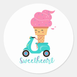 Sticker Rond Amusant Scooter de glace rose d'été douce chérie