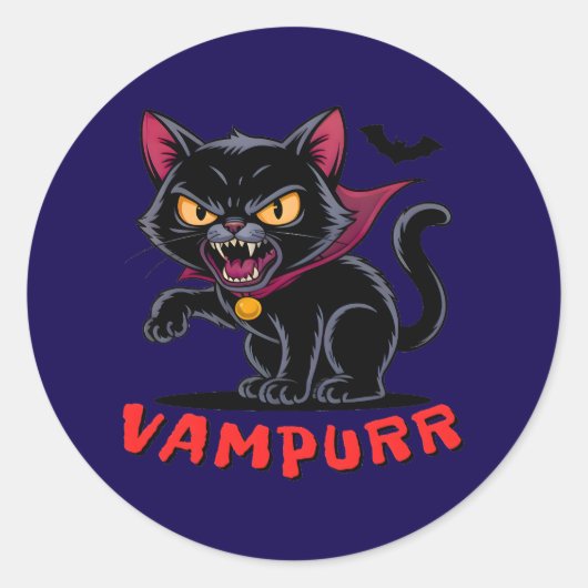Sticker Rond Amusant Vampurr Vampire Chat Halloween Pun (Devant)