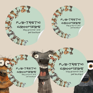 Sticker Rond Amusante aquarelle Chien Groomers Boutique Bleu
