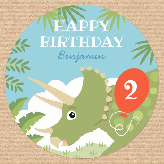 Sticker Rond Amusants Anniversaire Dinosaur Tricératops Nom per