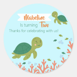 Sticker Rond Amusants Anniversaire Tortue de mer & Coral Reef