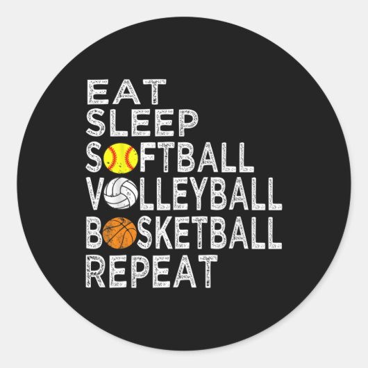 Sticker Rond Amusants Mangez Sleep Softball Volleyball Basketba (Devant)