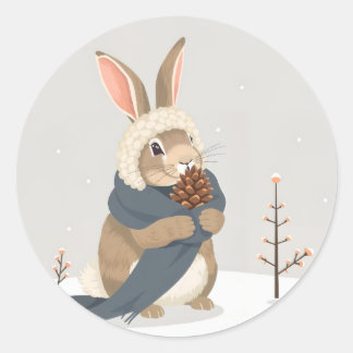 Sticker Rond Amusement de lapin d'hiver Noël