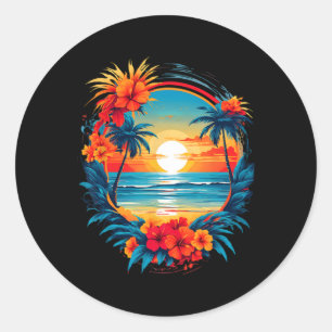 Sticker Rond Amusement de voyage d'été Retro Fête Campeur Plage