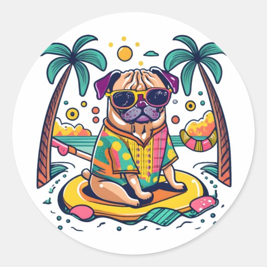 Sticker Rond Amusement d'été avec un mignon chien Carlin dans l (Devant)
