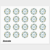 Sticker Rond Ananas bleu paume feuille feuillage blanc monogram (Feuille)