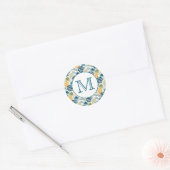 Sticker Rond Ananas bleu paume feuille feuillage blanc monogram (Enveloppe)