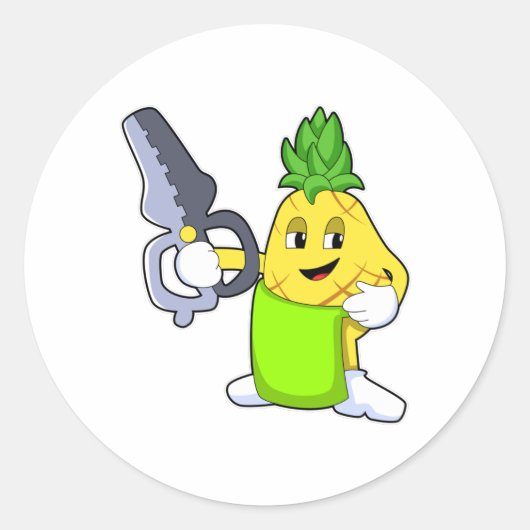 Sticker Rond Ananas comme coiffeur avec ciseaux et razor (Devant)