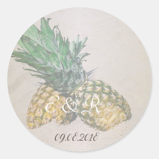 Sticker Rond Ananas de mariage sur la plage (Devant)