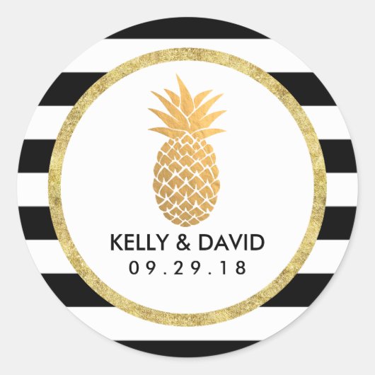 Sticker Rond Ananas Gold Moderne Grèves Mariage Tropical (Devant)