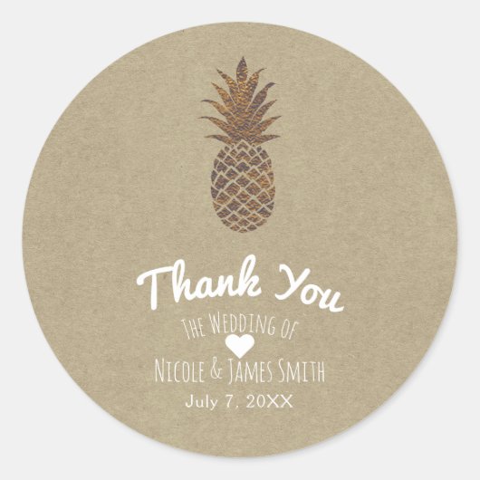Sticker Rond Ananas Kraft Naturel Tropical Bronze Doré (Devant)