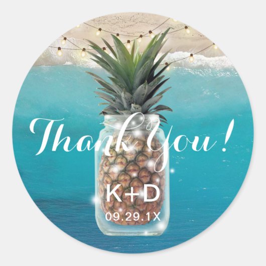 Sticker Rond Ananas Mason Jar Beach Merci de mariage (Devant)
