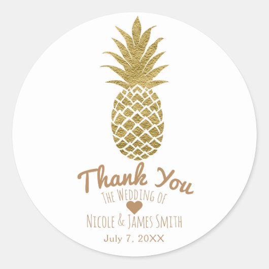 Sticker Rond Ananas Or Blanc Moderne Chic Tropical Faveur (Devant)