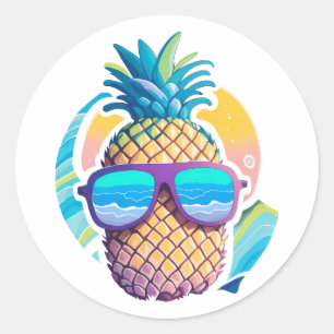Sticker Rond Ananas portant des lunettes de soleil