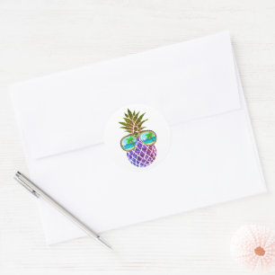 Sticker Rond Ananas rose pourpre tropical