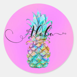 Sticker Rond Ananas rose Tropical Couleur Splash Luau Aloha