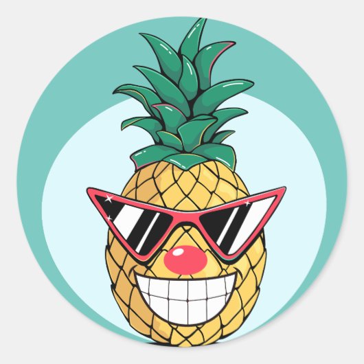 Sticker Rond Ananas souriant portant lunettes de soleil et nez (Devant)