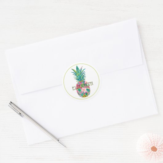 Sticker Rond Ananas tropical rose et vert (Enveloppe)