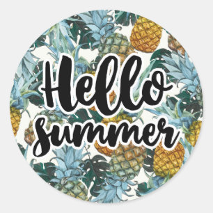 Sticker Rond Ananas Tropicaux & Feuilles Bonjour la Fête d'Été