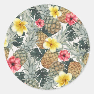 Sticker Rond Ananas Tropicaux Floraux Feuilles Fête Exotique