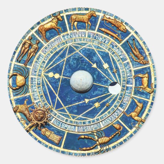 Sticker Rond Ancien Monde Céleste Bleu Zodiaque Astrologie Roue (Devant)