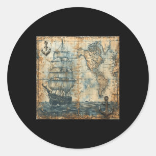 Sticker Rond Ancienne carte nautique vintage bateau pirate voil