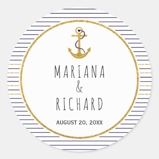 Sticker Rond Ancrage or & bleu marine rayures mariage nautique (Devant)