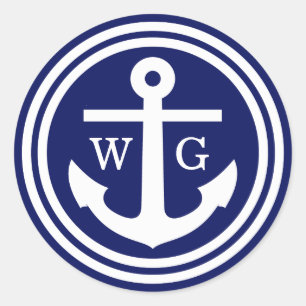 Sticker Rond Ancre bleu marine Monogramme Mariage Phoques Favor