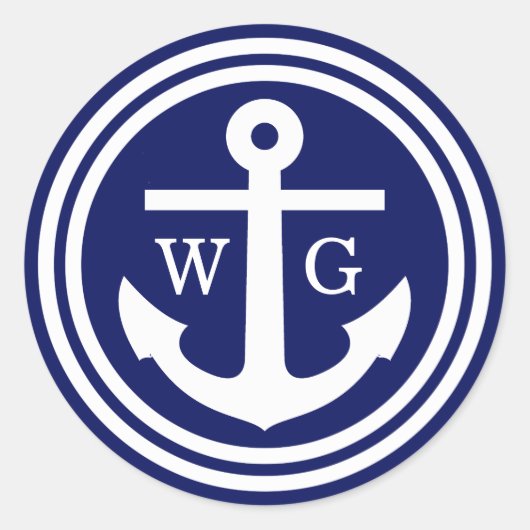 Sticker Rond Ancre bleu marine Monogramme Mariage Phoques Favor (Devant)