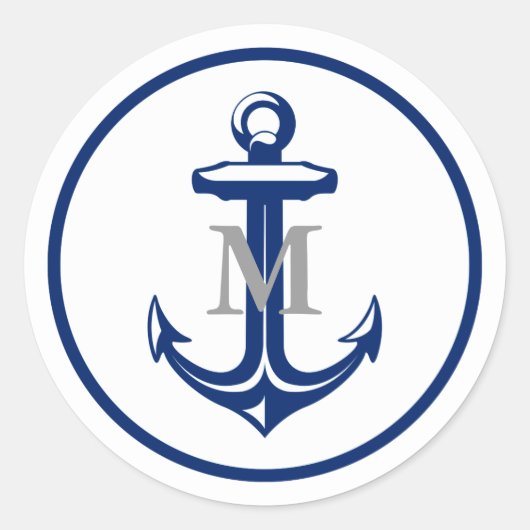 Sticker Rond Ancre bleue de la marine blanche | Monogramme (Devant)