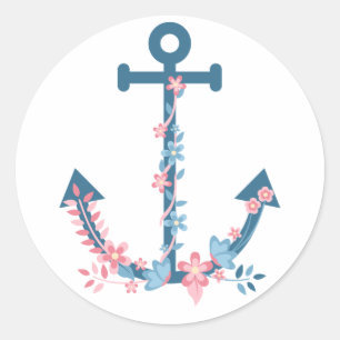 Sticker Rond Ancre de bateau Floral Rose et Bleu Nautique