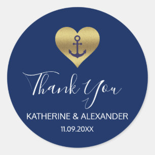 Sticker Rond Ancre de coeur d'or marine Phoques de Mariage bleu