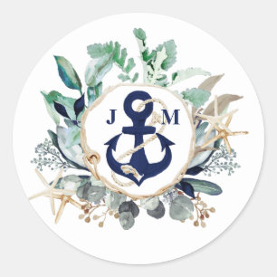 Sticker Rond Ancre de la Marine Monogramme Verdure Mariage de c